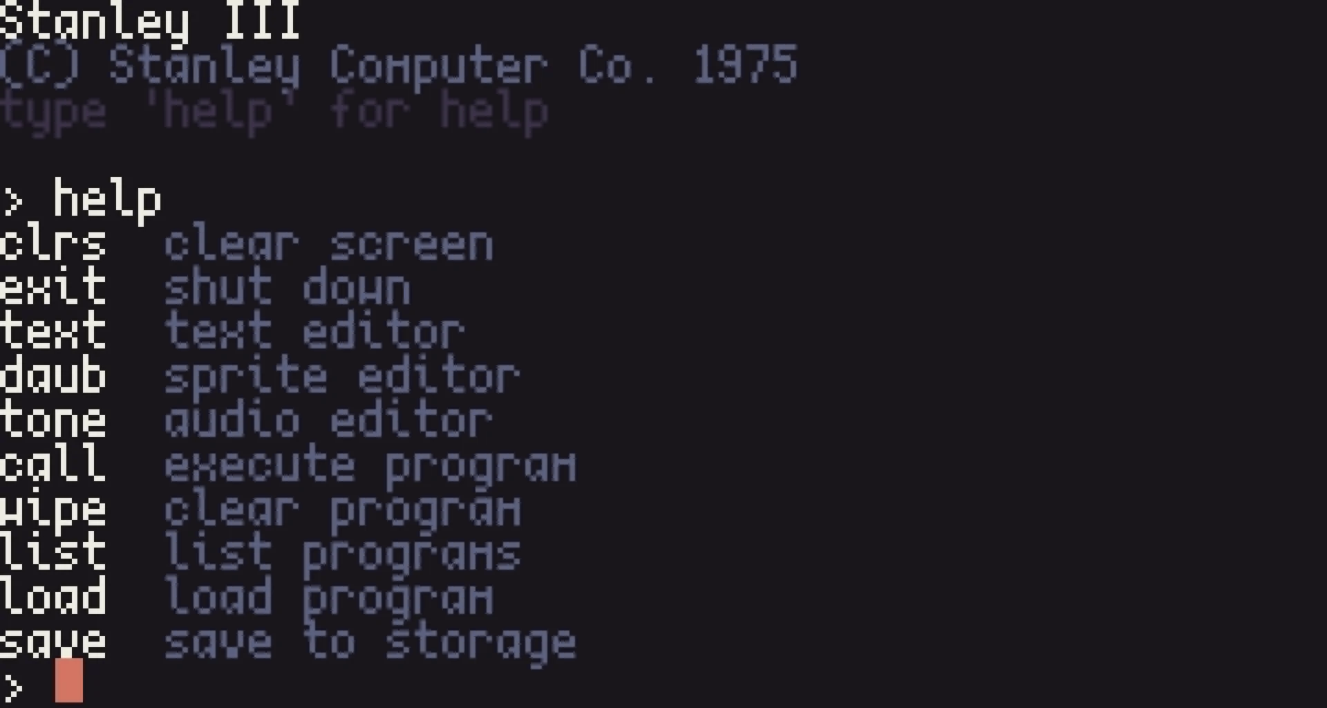A screenshot of the Stanley's interactive terminal, displaying the output of the 'help' command, which lists installed programs and available commands.