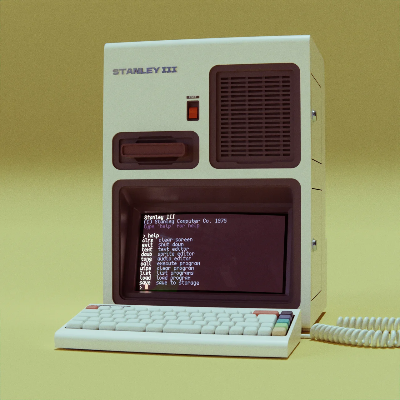 A 3D render of the fictional Stanley computer, in an exaggerated 1980s style sitting in a yellow studio backdrop.