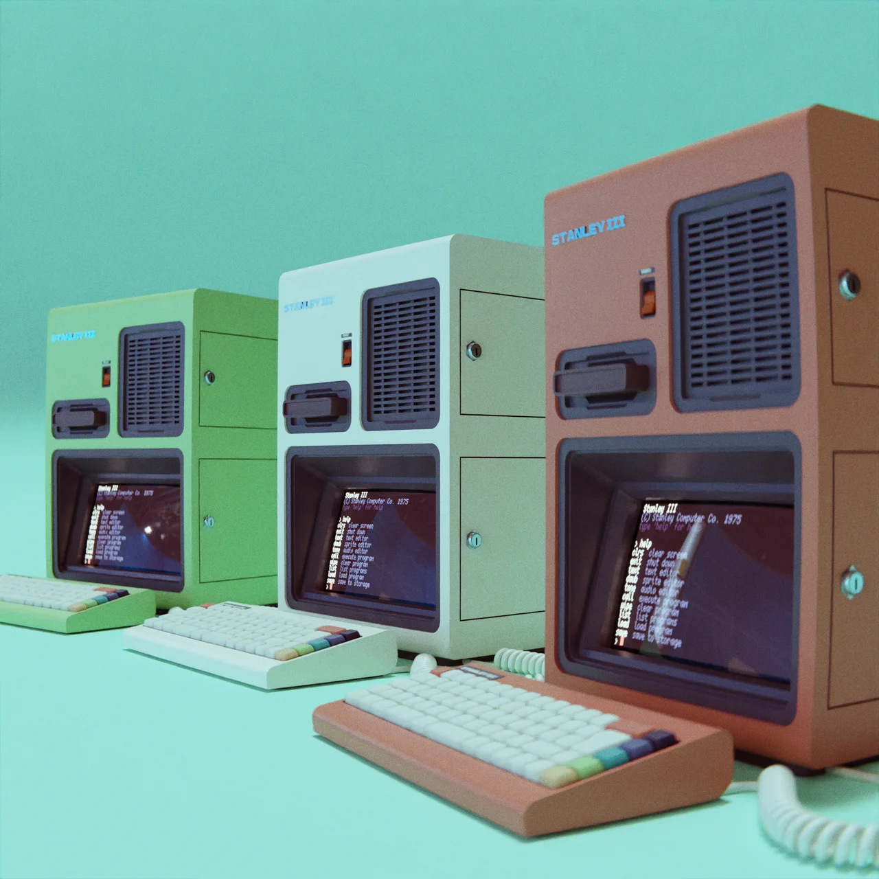 A 3D render of three models of the Stanley computer on a blue studio backdrop. One model's plastic housing is white, one is red and one is in pale green.