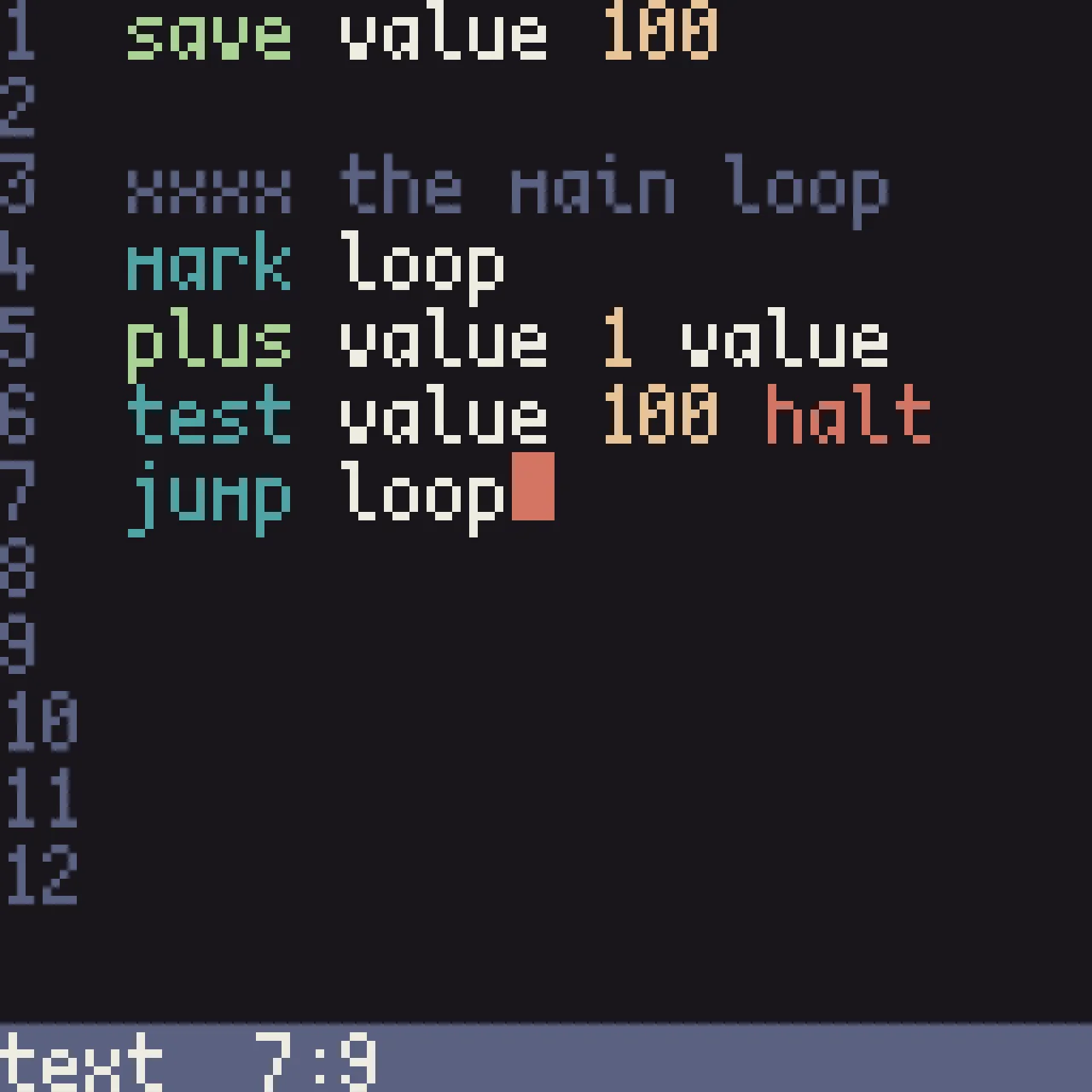 A screenshot of the Stanley's built-in text editor, with colourful syntax highlighting, line numbers and a Vim-style status bar at the bottom of the screen. A simple looping program made of a few lines has been typed in.