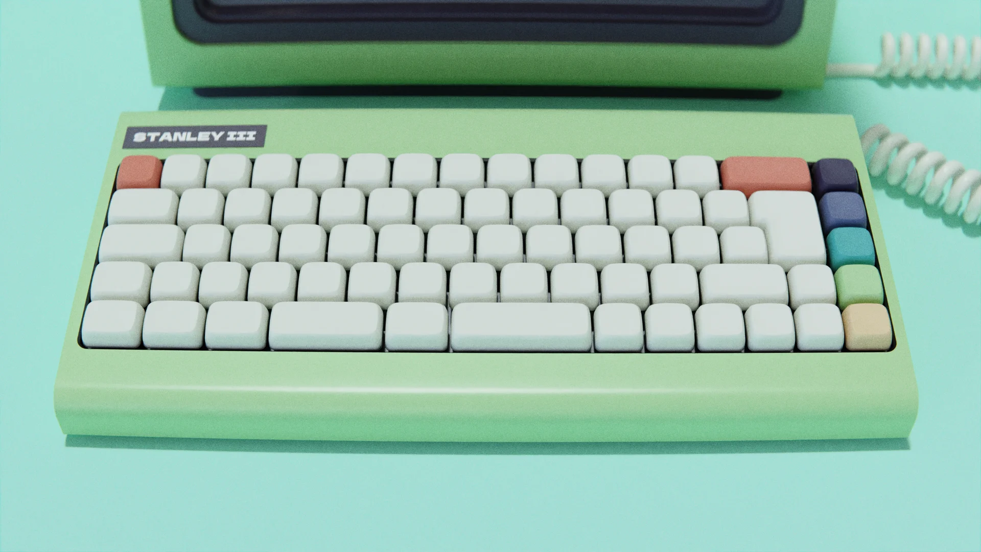 A close-up CGI render of the Stanley's keyboard with its blank keycaps