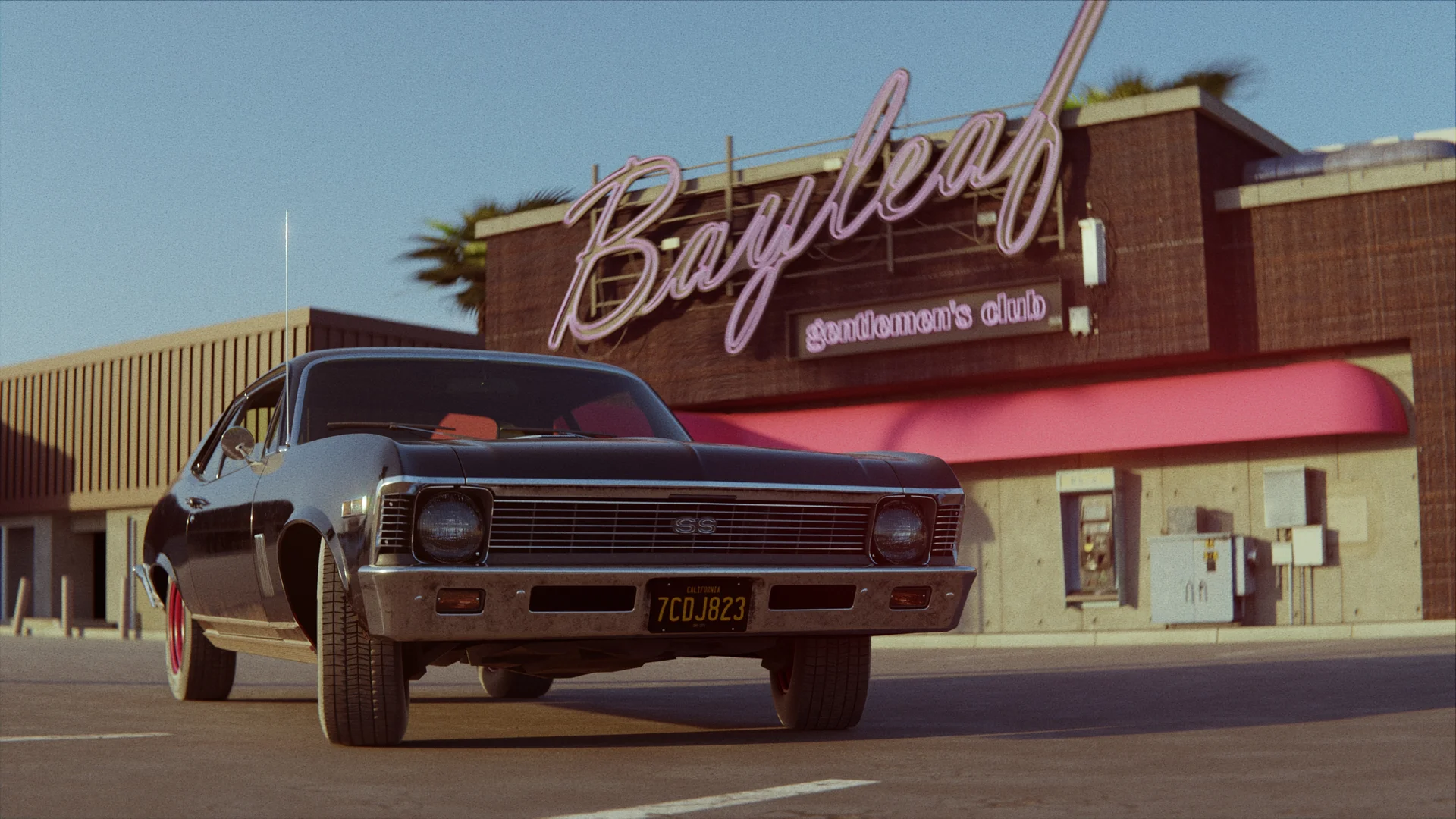 In California sunshine, a 1970 Chevy Nova is parked askew in the lot of a strip club called the Bayleaf, as per the large neon sign overhead.